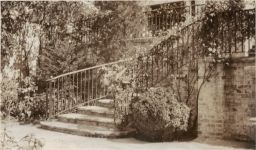 Curved garden stairway with iron railings