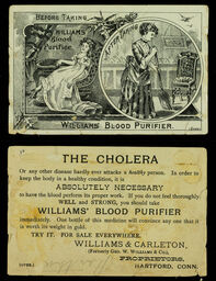 Williams' Blood Purifier trade card (recto and verso)