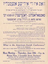 Flyer for a Mass Meeting to discuss the American Jewish Conference Vos iz di Yidishe Asembli? (Amerikaner Yidishe Konferents) וואָס איז די אידישע אסעמבּלי
