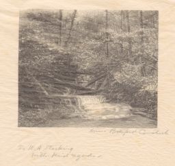 Mounted Wood Engraving of Creek Waterfall