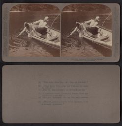 Woman trying to hold man in boat who is trying to reach a floating bottle