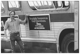 Bill Grundwald with Gay Switchboard bus poster